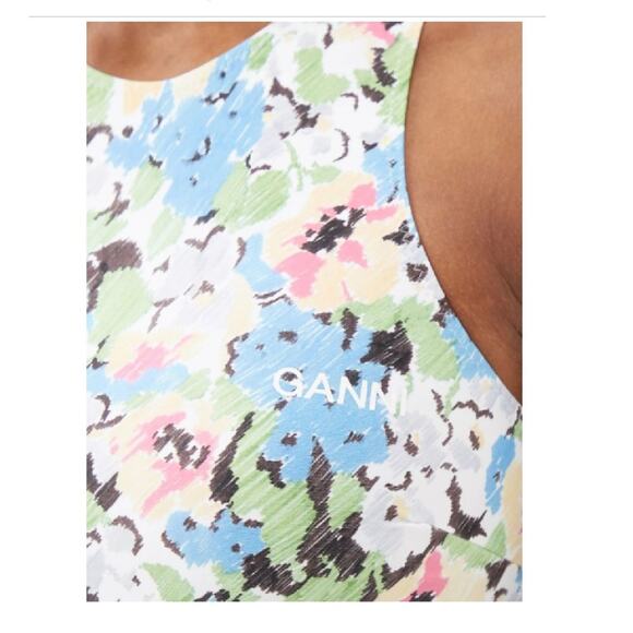 Ganni FLORAL AZURE BLUE Racer Zip  Back Floral Bikini Swim Top size 6 - Picture 3 of 5